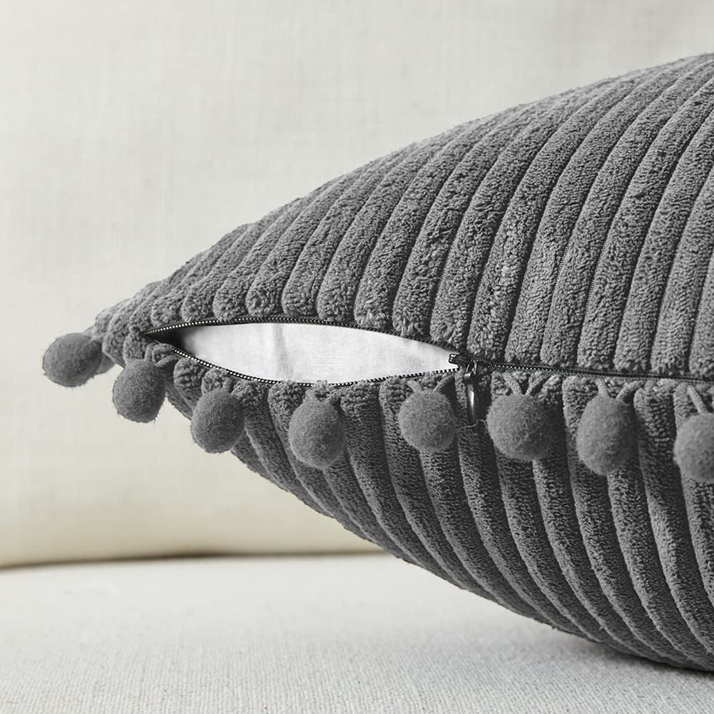 Dark Gray Corduroy Throw Pillow Covers – Set of 2, 18x18 Inch, Boho Farmhouse Decor with Pom Poms, Soft Accent Cushion Cases for Couch Sofa Bed (Covers Only)