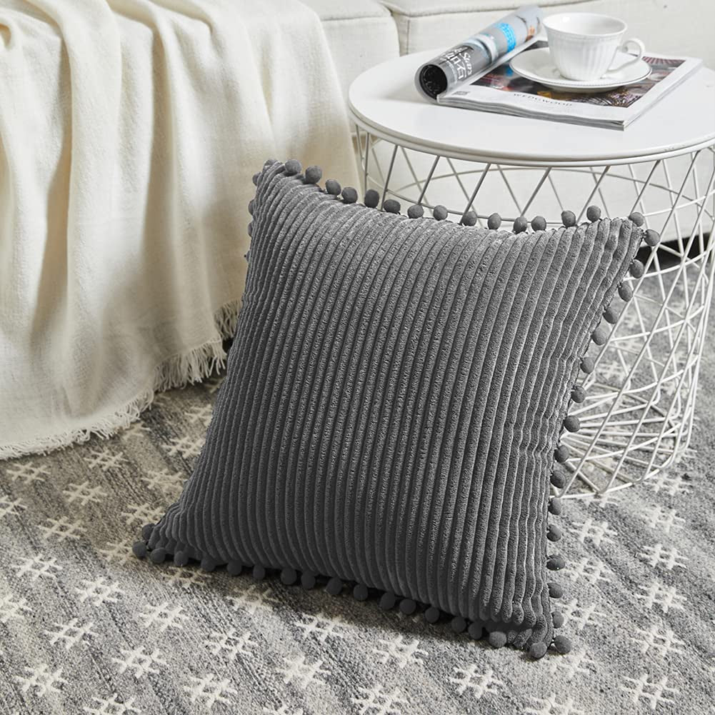 Dark Gray Corduroy Throw Pillow Covers – Set of 2, 18x18 Inch, Boho Farmhouse Decor with Pom Poms, Soft Accent Cushion Cases for Couch Sofa Bed (Covers Only)