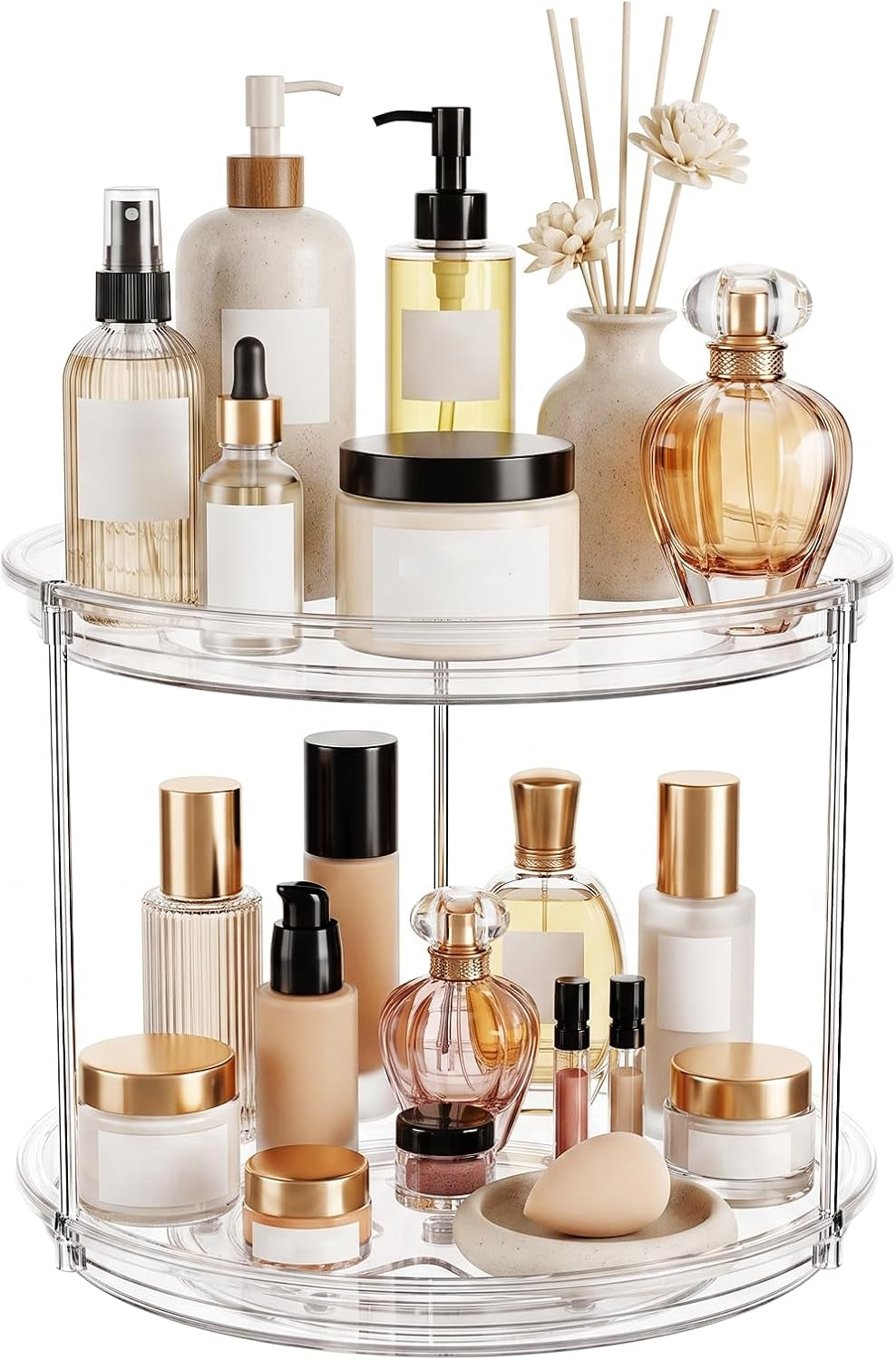 Makeup Organizer 360° Rotating – 2‑Tier Clear Lazy Susan, Skincare & Perfume Storage for Vanity, 9"