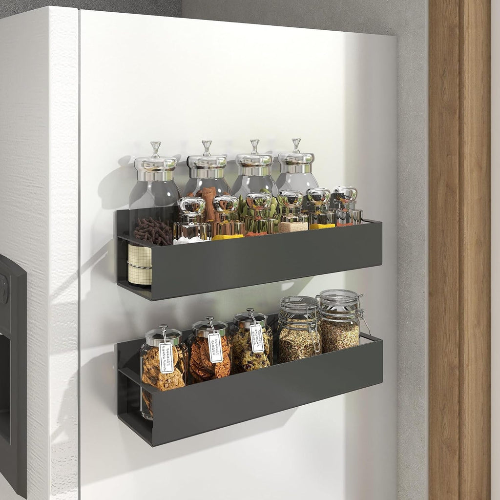 Magnetic Spice Rack Organizer – 2‑Pack Strong Shelf for Fridge & Oven, Black Carbon Steel, 11lbs Capacity with Guardrail
