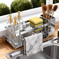 Stainless Steel Sponge Holder for Kitchen Sink – 30° Self‑Draining Caddy with Brush Holder & Removable Dishcloth Rack, Silver
