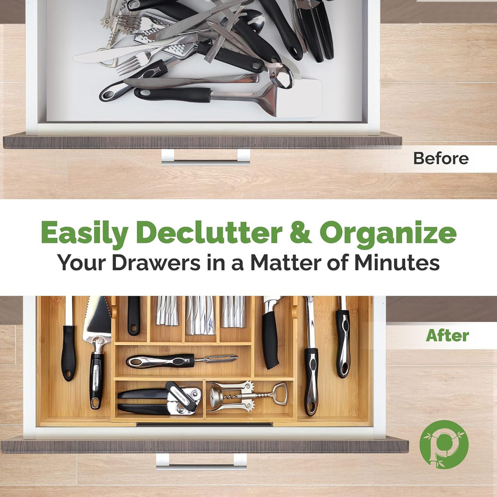 Bamboo Silverware Drawer Organizer – Expandable to 22", 10 Compartments, Adjustable Kitchen Utensil Tray