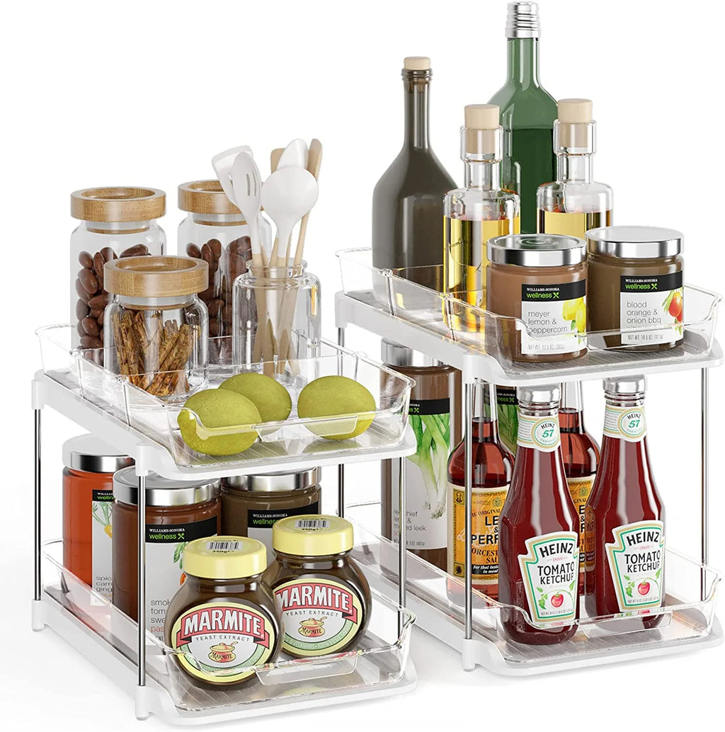 --2 Pack Set under Sink Organizers and Storage, 2 Tier Sliding Bathroom Sink Organizer, Multi-Use under Kitchen Cabinet Storage Shelf (S&L), Transparent