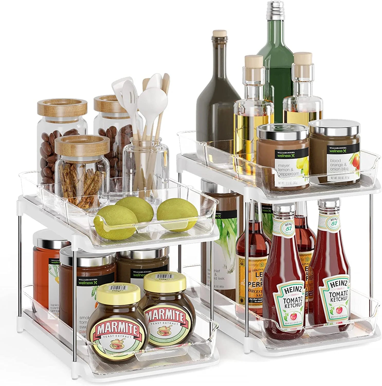 --2 Pack Set under Sink Organizers and Storage, 2 Tier Sliding Bathroom Sink Organizer, Multi-Use under Kitchen Cabinet Storage Shelf (S&L), Transparent