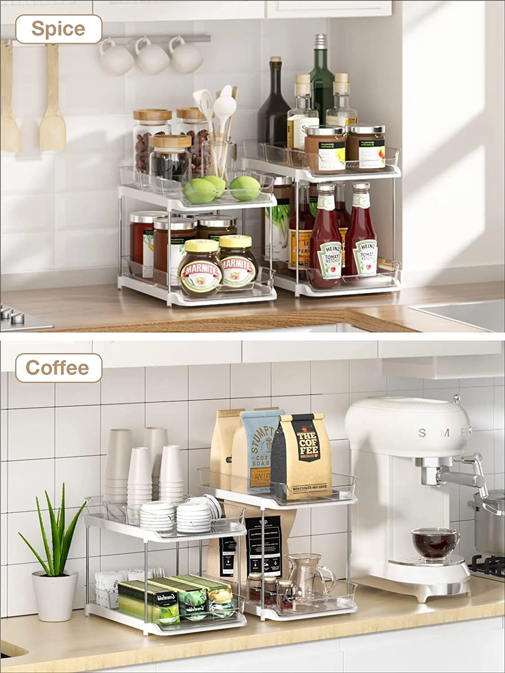--2 Pack Set under Sink Organizers and Storage, 2 Tier Sliding Bathroom Sink Organizer, Multi-Use under Kitchen Cabinet Storage Shelf (S&L), Transparent