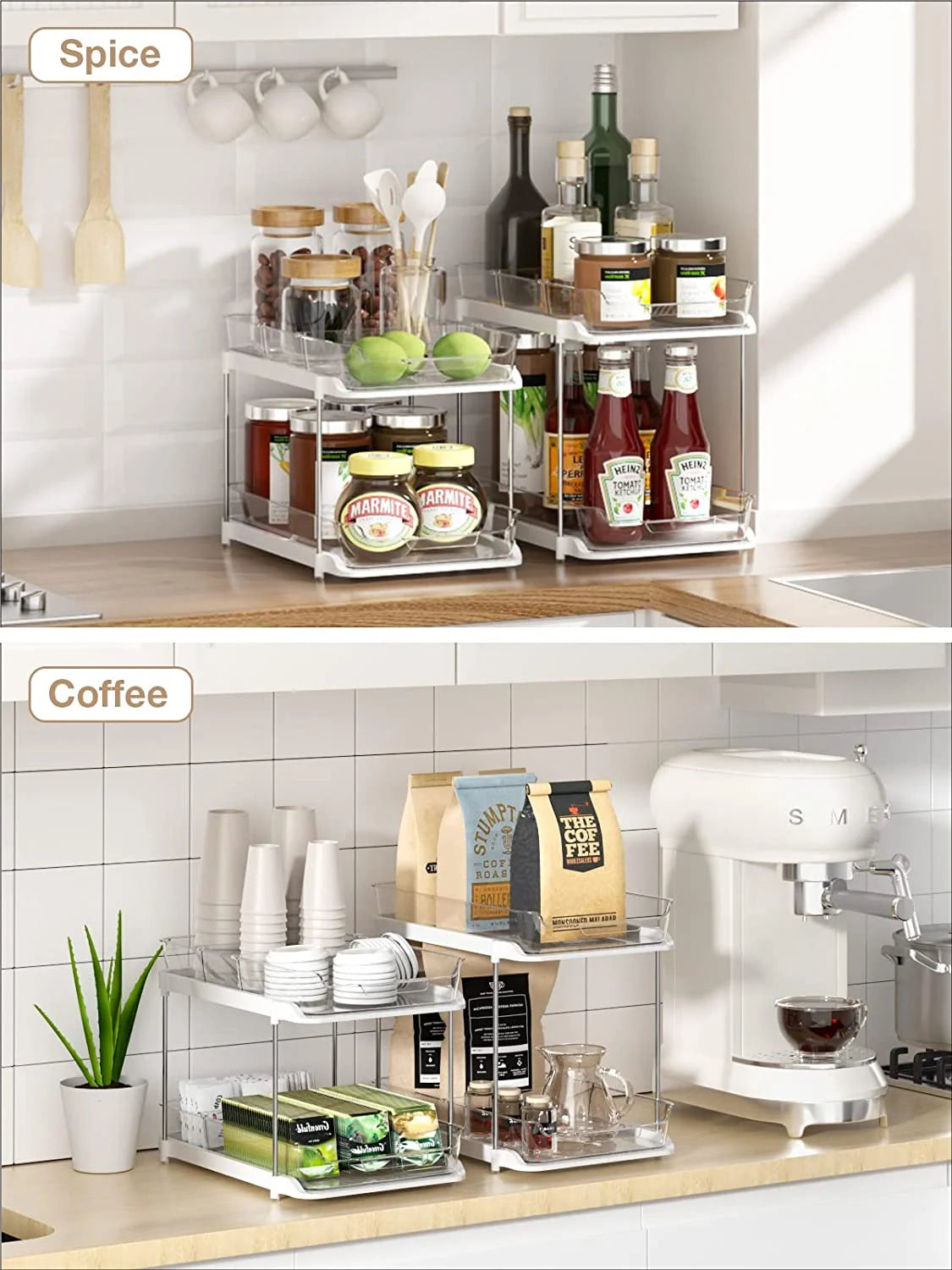 --2 Pack Set under Sink Organizers and Storage, 2 Tier Sliding Bathroom Sink Organizer, Multi-Use under Kitchen Cabinet Storage Shelf (S&L), Transparent