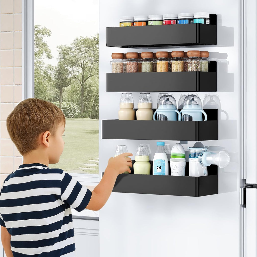 Magnetic Spice Rack for Refrigerator, Kitchen Organizer and Storage Shelf, Black (2 Pack)…