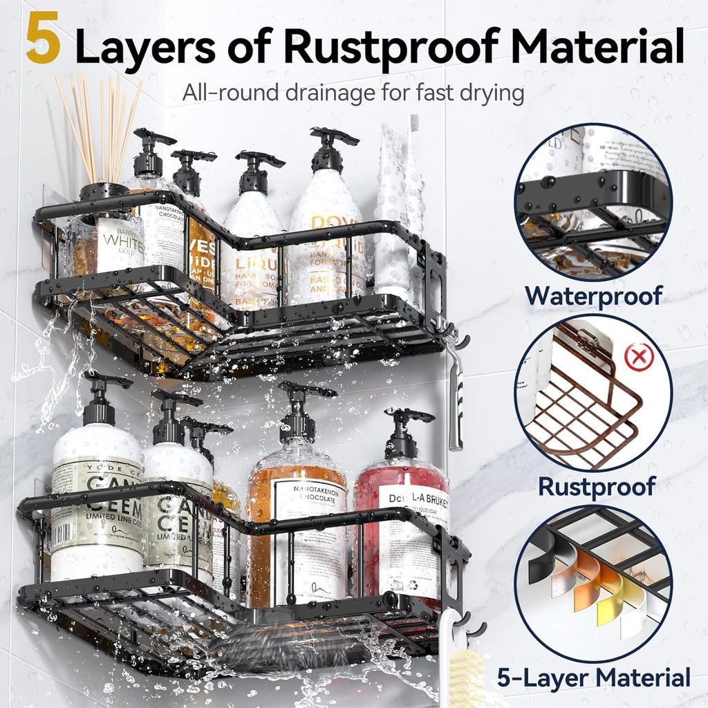 Adhesive Corner Shower Caddy – 3‑Pack Rustproof Shelves with Soap Holder, No‑Drill Wall Mount, 40lb Capacity