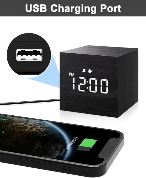 Digital Alarm Clock with Wooden LED Display – 3 Alarms, 2.5‑Inch Compact Size, USB Powered, Memory Function, Black