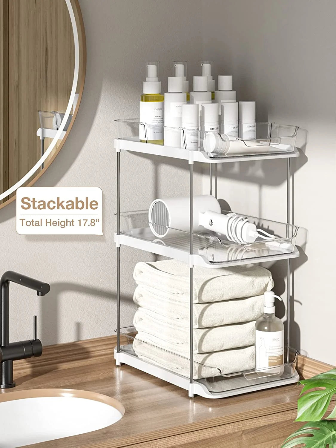 --2 Pack Set under Sink Organizers and Storage, 2 Tier Sliding Bathroom Sink Organizer, Multi-Use under Kitchen Cabinet Storage Shelf (S&L), Transparent