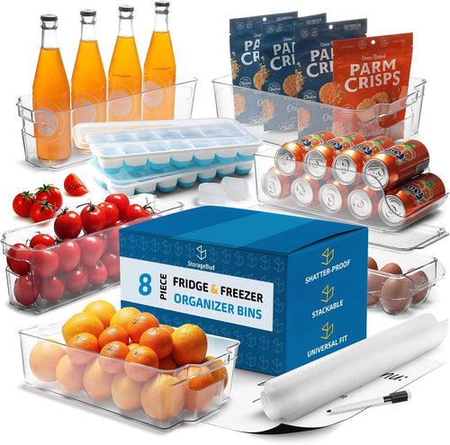 14‑Piece Fridge Organizer Set – Clear Acrylic Stackable Bins for Refrigerator & Freezer, with Egg Holder, Can Dispenser, 2 Ice Trays, Whiteboard & Liners
