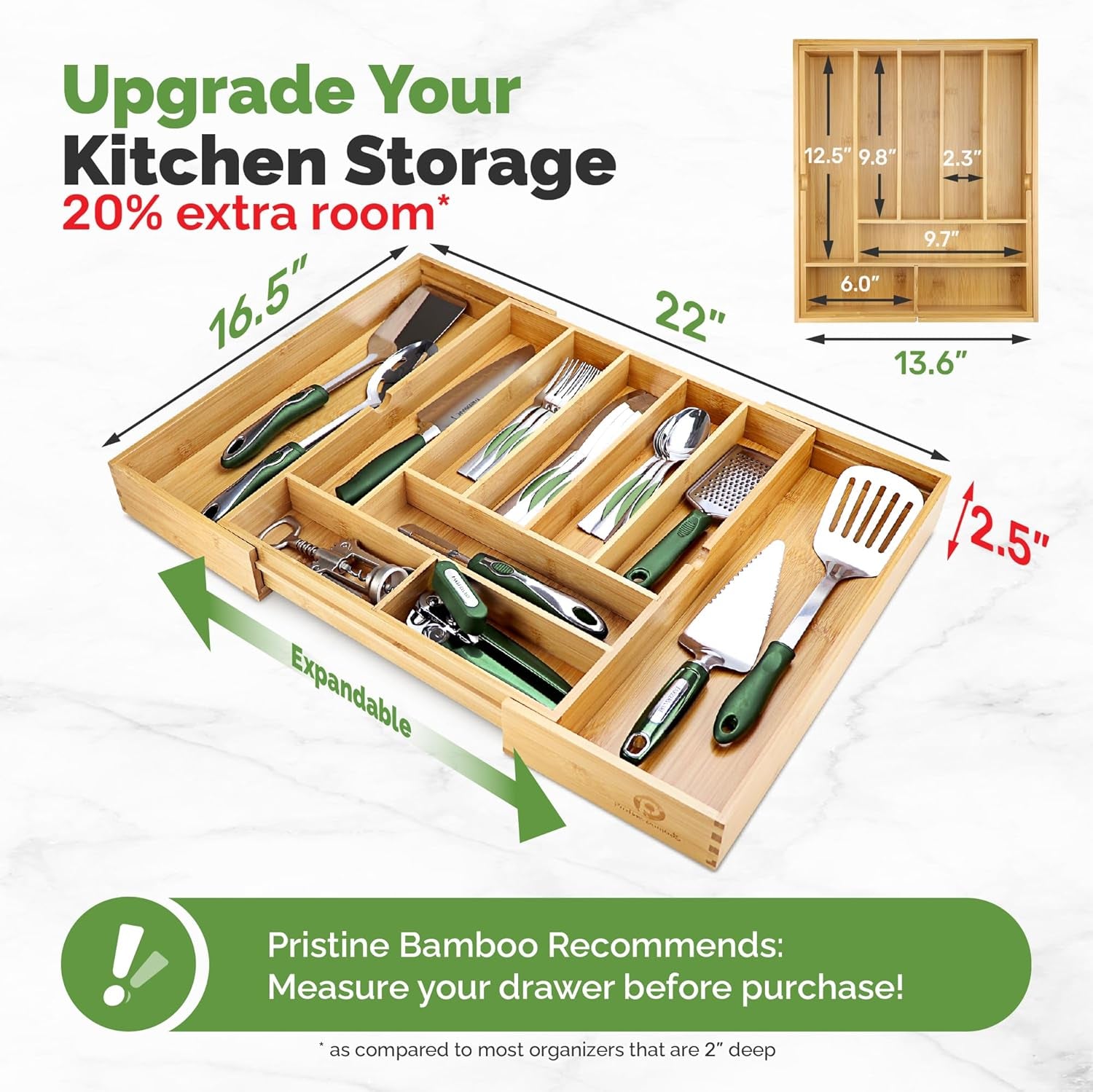 Bamboo Silverware Drawer Organizer – Expandable to 22", 10 Compartments, Adjustable Kitchen Utensil Tray