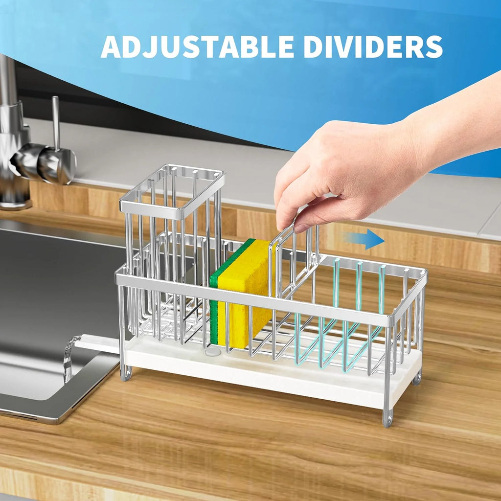 --Cisily Silver Sponge Holder for Kitchen Sink, Sink Caddy Organizer with High Brush Holder, Kitchen Countertop Organizers and Storage Essentials, Rustproof 304 Stainless Steel, Soap Dispenser Organize