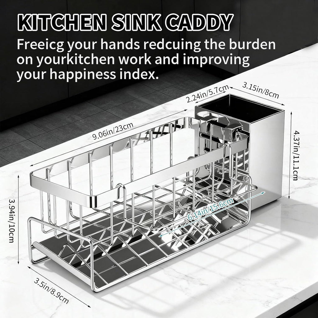 Stainless Steel Sponge Holder for Kitchen Sink – 30° Self‑Draining Caddy with Brush Holder & Removable Dishcloth Rack, Silver