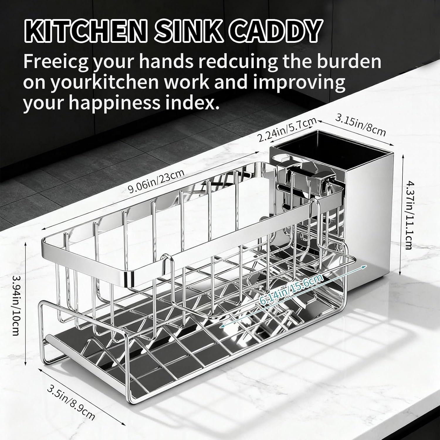 Stainless Steel Sponge Holder for Kitchen Sink – 30° Self‑Draining Caddy with Brush Holder & Removable Dishcloth Rack, Silver