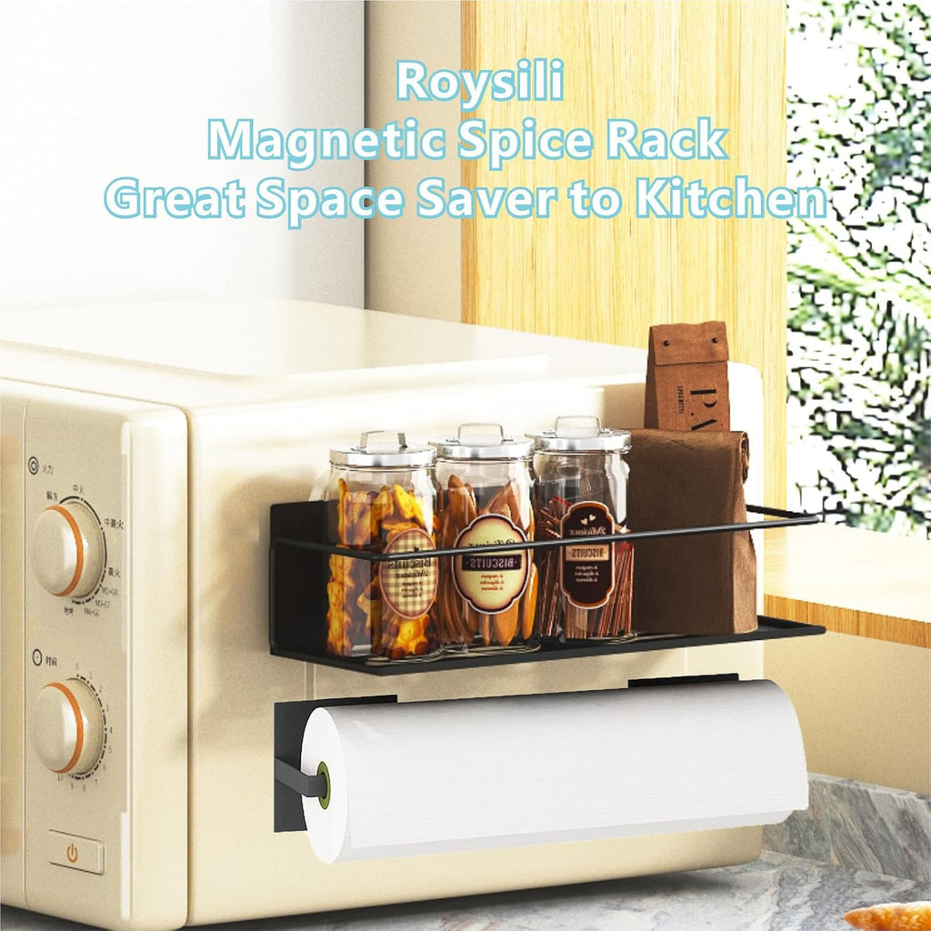 Magnetic Spice Rack Set for Fridge – 4 Shelves + Paper Towel Holder, Strong Magnets, Rust‑Proof Black Metal, Space‑Saving Kitchen Organizer