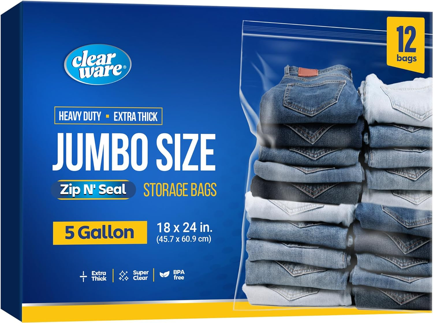 Large Storage Bags with Zipper Top – 12‑Pack 18"x24", 5 Gallon, Reusable Heavy‑Duty Plastic, BPA‑Free, 2‑Mil Thick