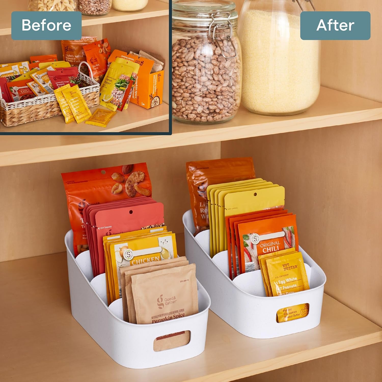 ShelfBin Packet Organizer – 4‑Tier Step Divided Storage Caddy, BPA‑Free for Pantry, Cabinet, Tea, Snacks & Medicine