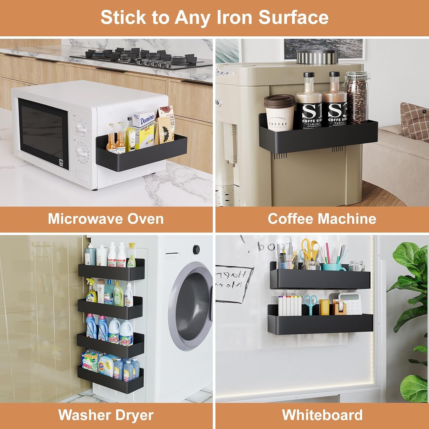 Magnetic Spice Rack for Refrigerator – 4‑Pack Kitchen Organizer, Sturdy Plastic Shelves with Strong Magnets, Space‑Saving Black