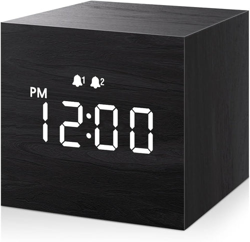 Digital Alarm Clock with Wooden LED Display – 3 Alarms, 2.5‑Inch Compact Size, USB Powered, Memory Function, Black