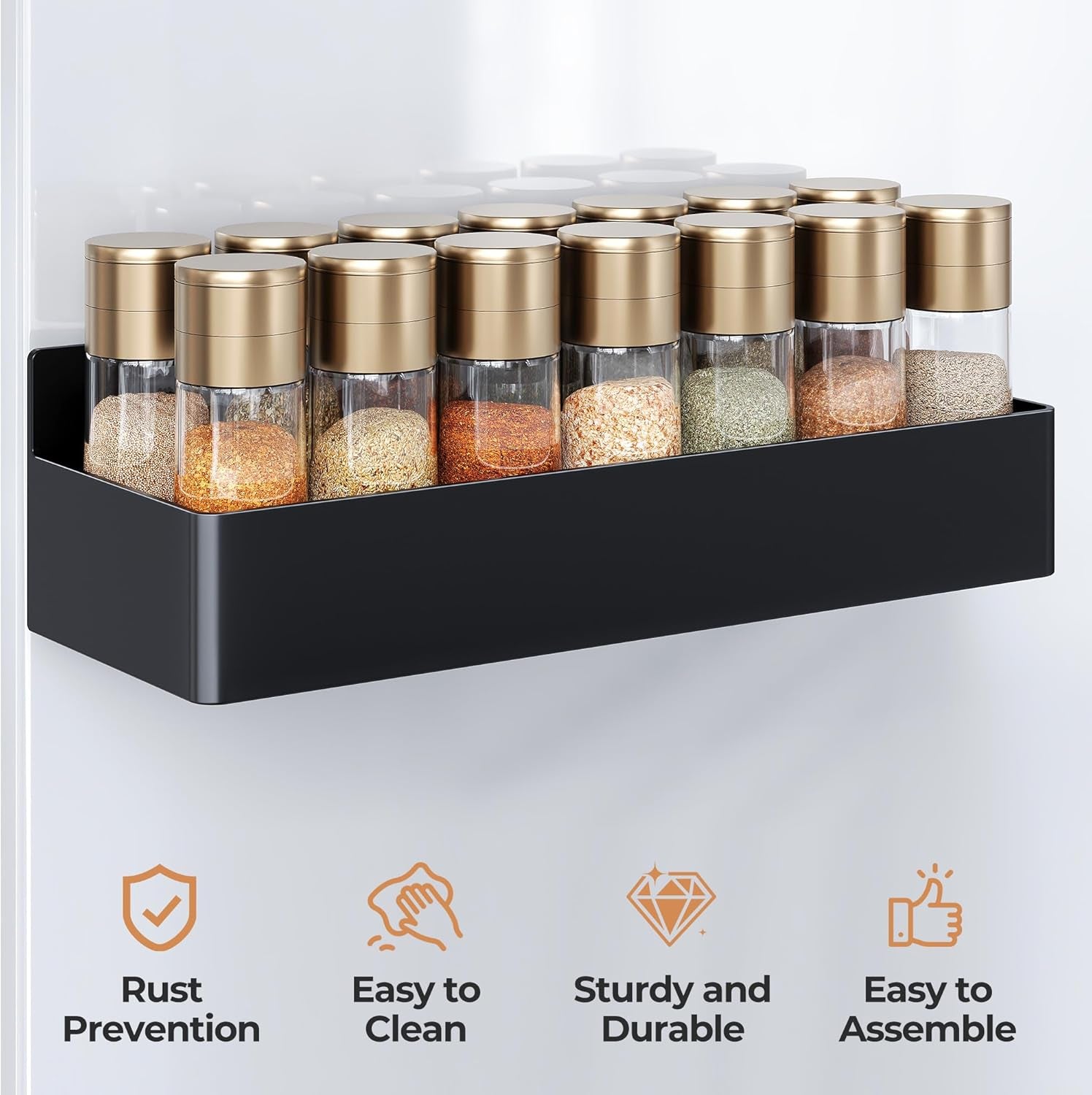 Magnetic Spice Rack for Refrigerator – 4‑Pack Kitchen Organizer, Sturdy Plastic Shelves with Strong Magnets, Space‑Saving Black
