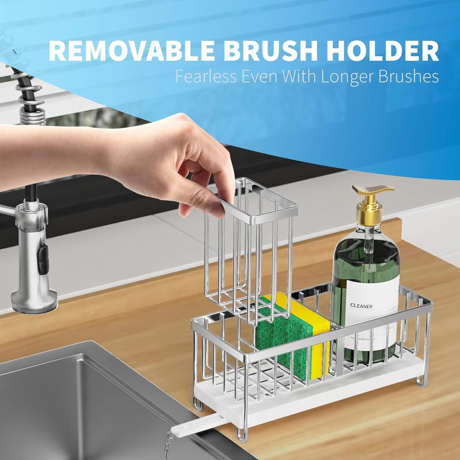 --Cisily Silver Sponge Holder for Kitchen Sink, Sink Caddy Organizer with High Brush Holder, Kitchen Countertop Organizers and Storage Essentials, Rustproof 304 Stainless Steel, Soap Dispenser Organize