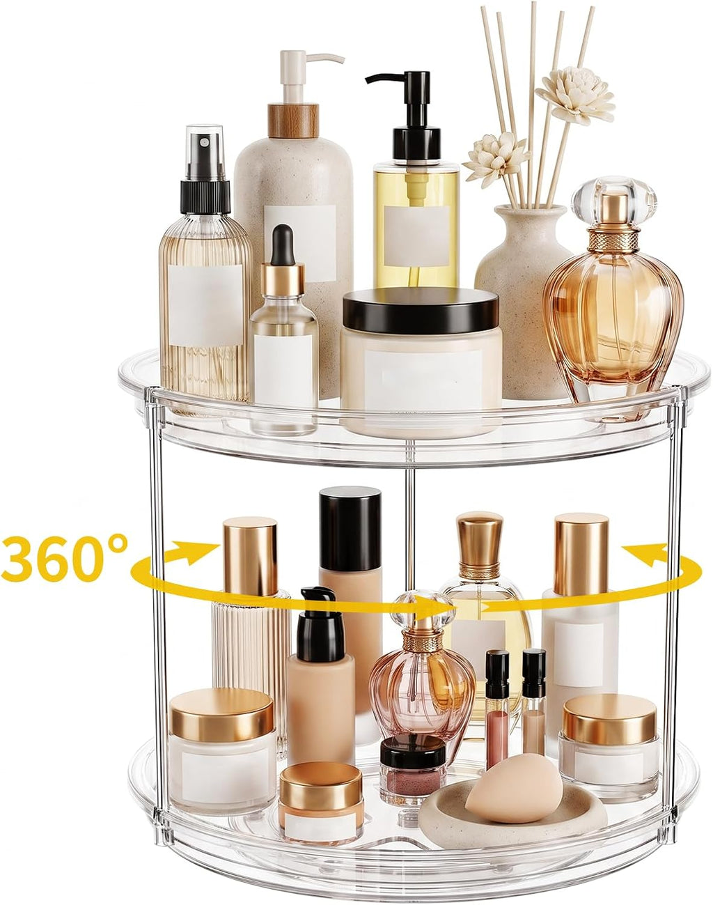 Makeup Organizer 360° Rotating – 2‑Tier Clear Lazy Susan, Skincare & Perfume Storage for Vanity, 9"