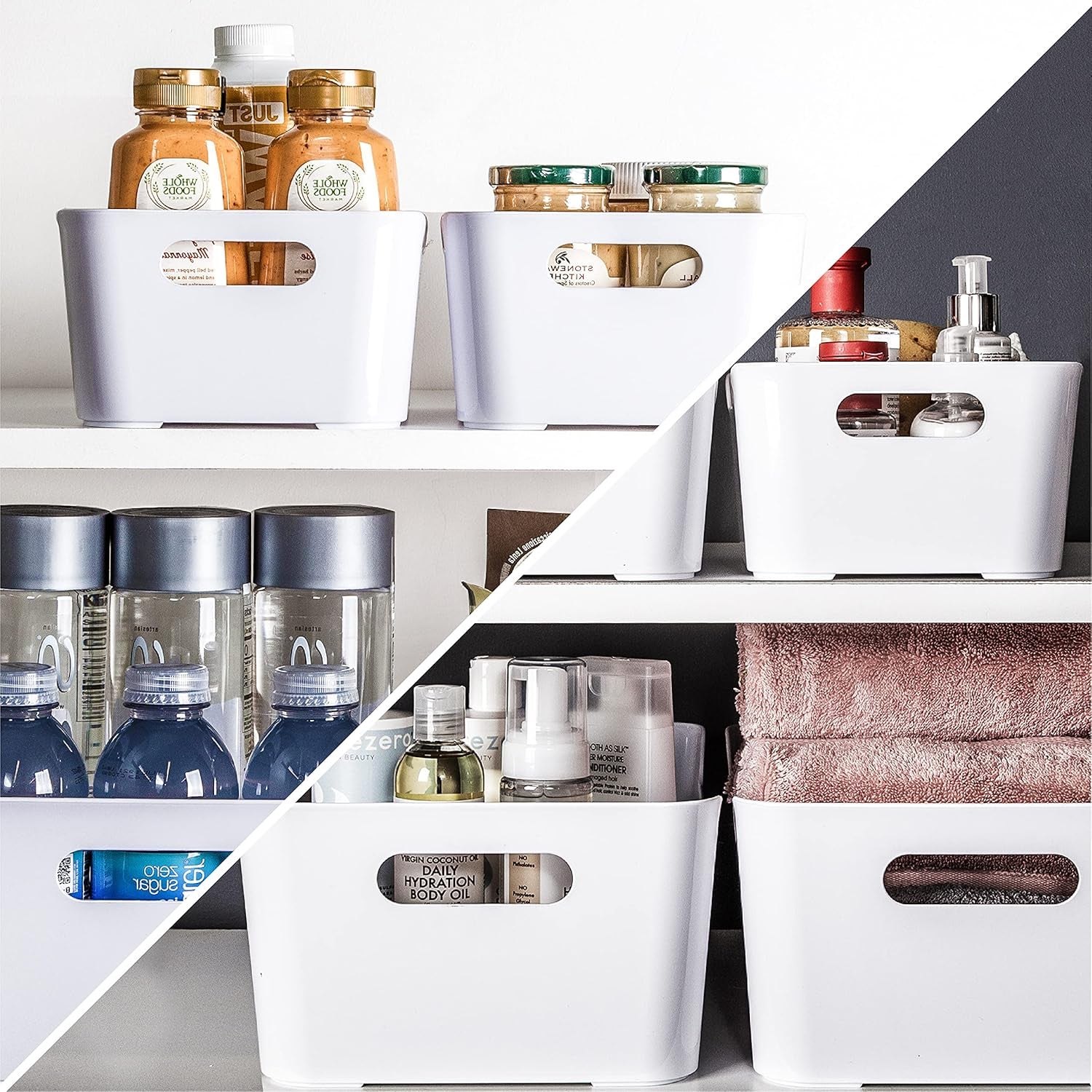 Plastic Storage Bins – Large 2‑Pack, White – Versatile Organizer for Pantry, Fridge, Kitchen & Bathroom