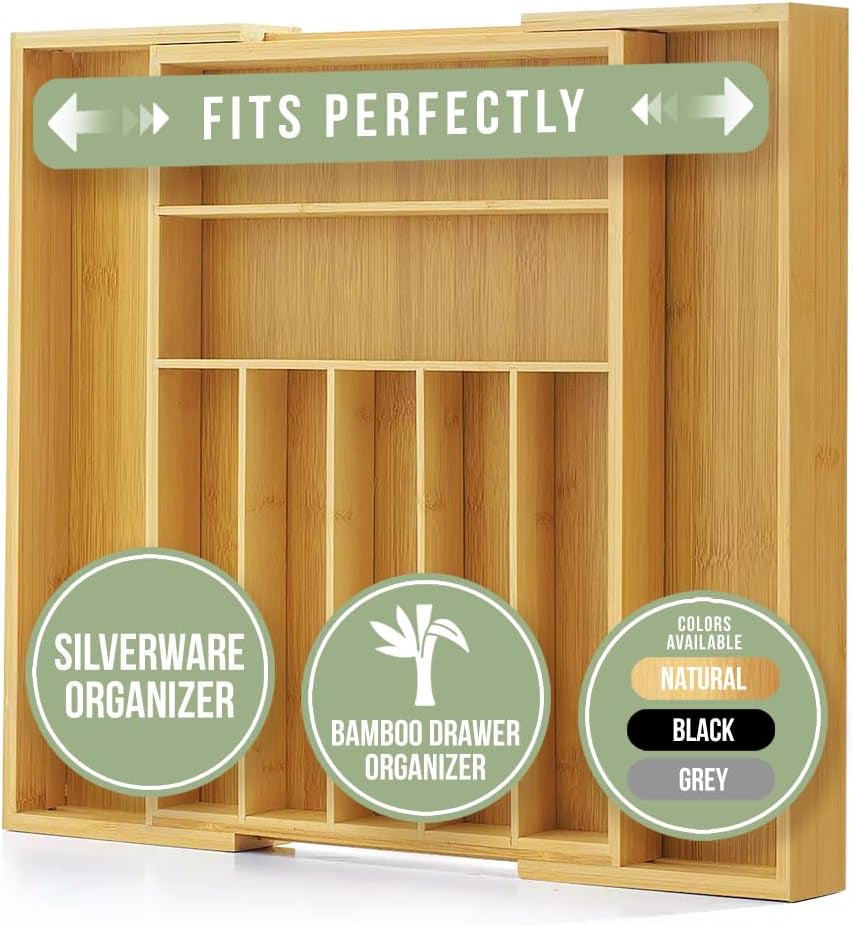 Bamboo Expandable Drawer Organizer – 7‑9 Adjustable Slots, Silverware & Utensil Tray, Natural
