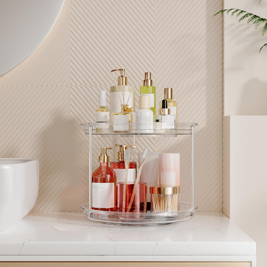 Makeup Organizer 360° Rotating – 2‑Tier Clear Lazy Susan, Skincare & Perfume Storage for Vanity, 9"