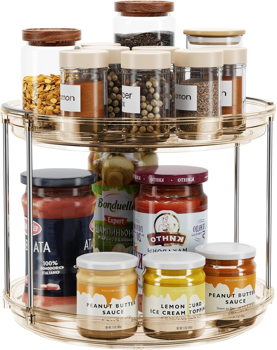 Lazy Susan Turntable Organizer – 2‑Tier Rotating Spice Rack, 9.25'' Compact for Cabinet, Pantry & Countertop, Amber