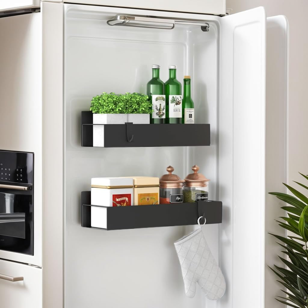 Magnetic Spice Rack Organizer – 2‑Pack Strong Shelf for Fridge & Oven, Black Carbon Steel, 11lbs Capacity with Guardrail