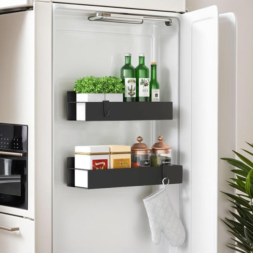 Magnetic Spice Rack Organizer – 2‑Pack Strong Shelf for Fridge & Oven, Black Carbon Steel, 11lbs Capacity with Guardrail