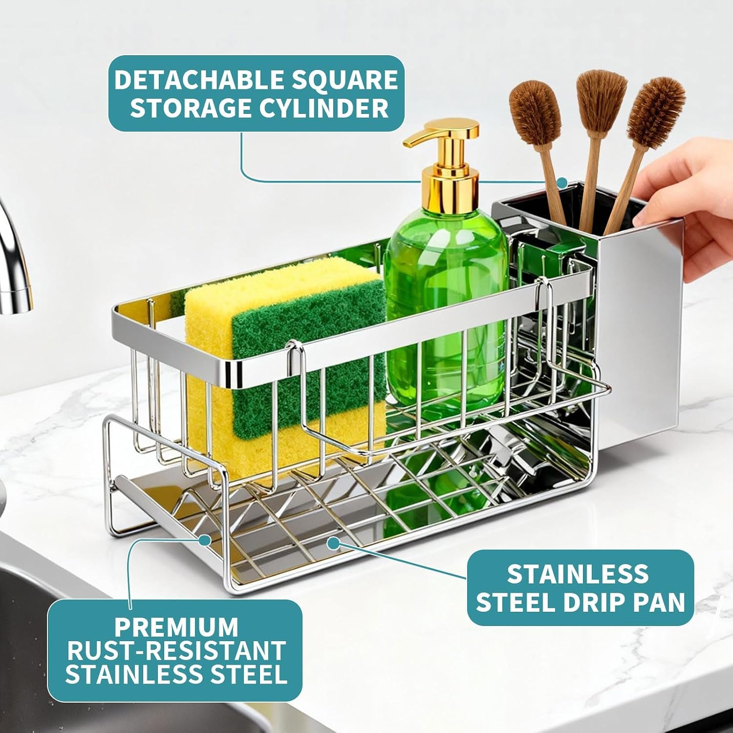 Stainless Steel Sponge Holder for Kitchen Sink – 30° Self‑Draining Caddy with Brush Holder & Removable Dishcloth Rack, Silver