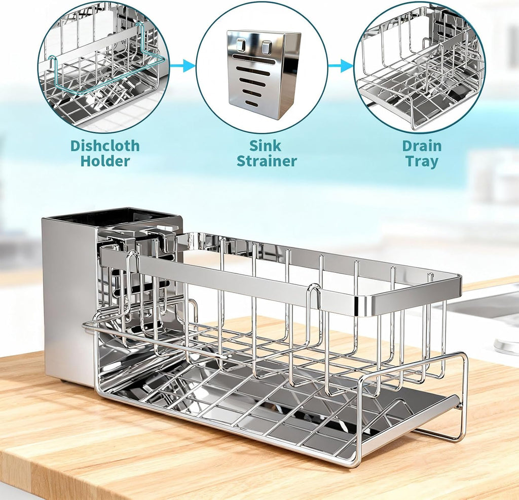 Stainless Steel Sponge Holder for Kitchen Sink – 30° Self‑Draining Caddy with Brush Holder & Removable Dishcloth Rack, Silver