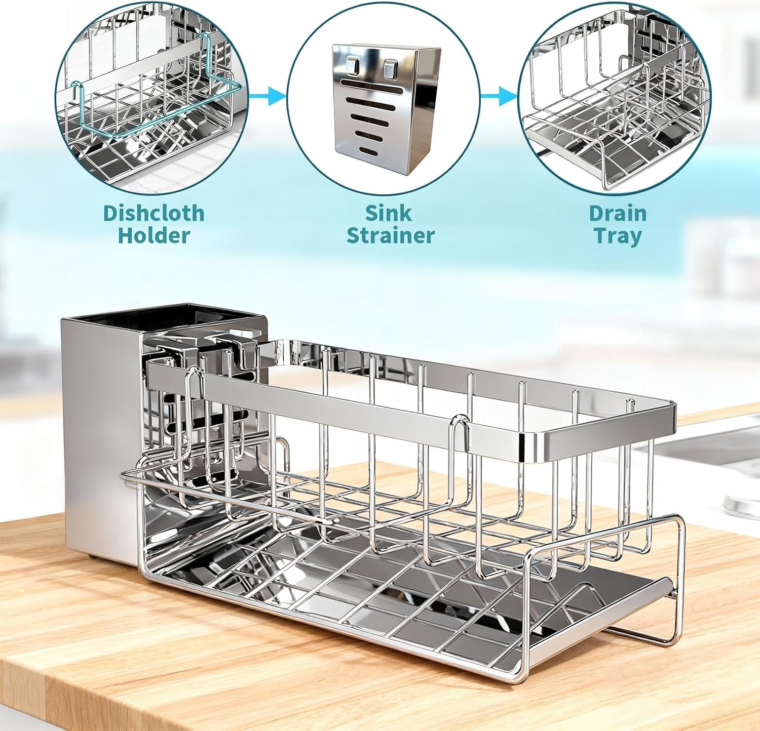 Stainless Steel Sponge Holder for Kitchen Sink – 30° Self‑Draining Caddy with Brush Holder & Removable Dishcloth Rack, Silver