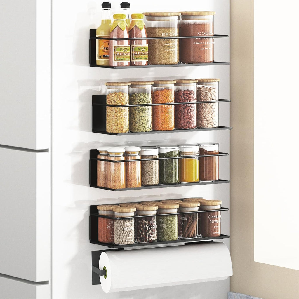 Magnetic Spice Rack Set for Fridge – 4 Shelves + Paper Towel Holder, Strong Magnets, Rust‑Proof Black Metal, Space‑Saving Kitchen Organizer