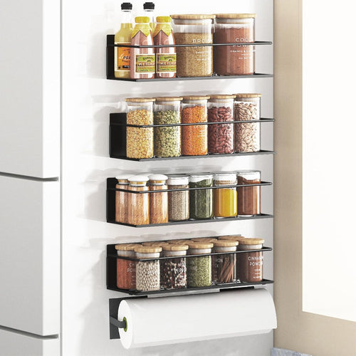 Magnetic Spice Rack Set for Fridge – 4 Shelves + Paper Towel Holder, Strong Magnets, Rust‑Proof Black Metal, Space‑Saving Kitchen Organizer