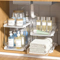--2 Pack Set under Sink Organizers and Storage, 2 Tier Sliding Bathroom Sink Organizer, Multi-Use under Kitchen Cabinet Storage Shelf (S&L), Transparent