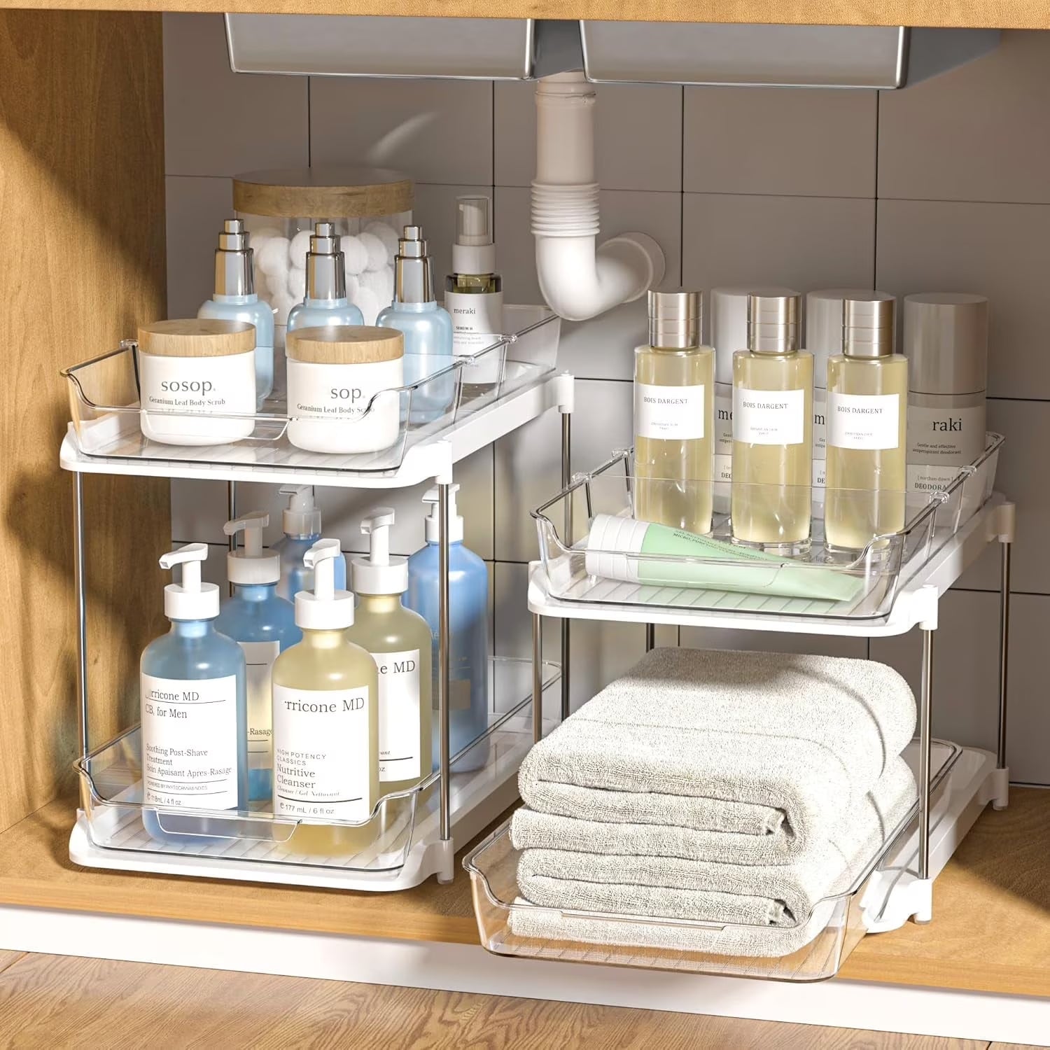 --2 Pack Set under Sink Organizers and Storage, 2 Tier Sliding Bathroom Sink Organizer, Multi-Use under Kitchen Cabinet Storage Shelf (S&L), Transparent