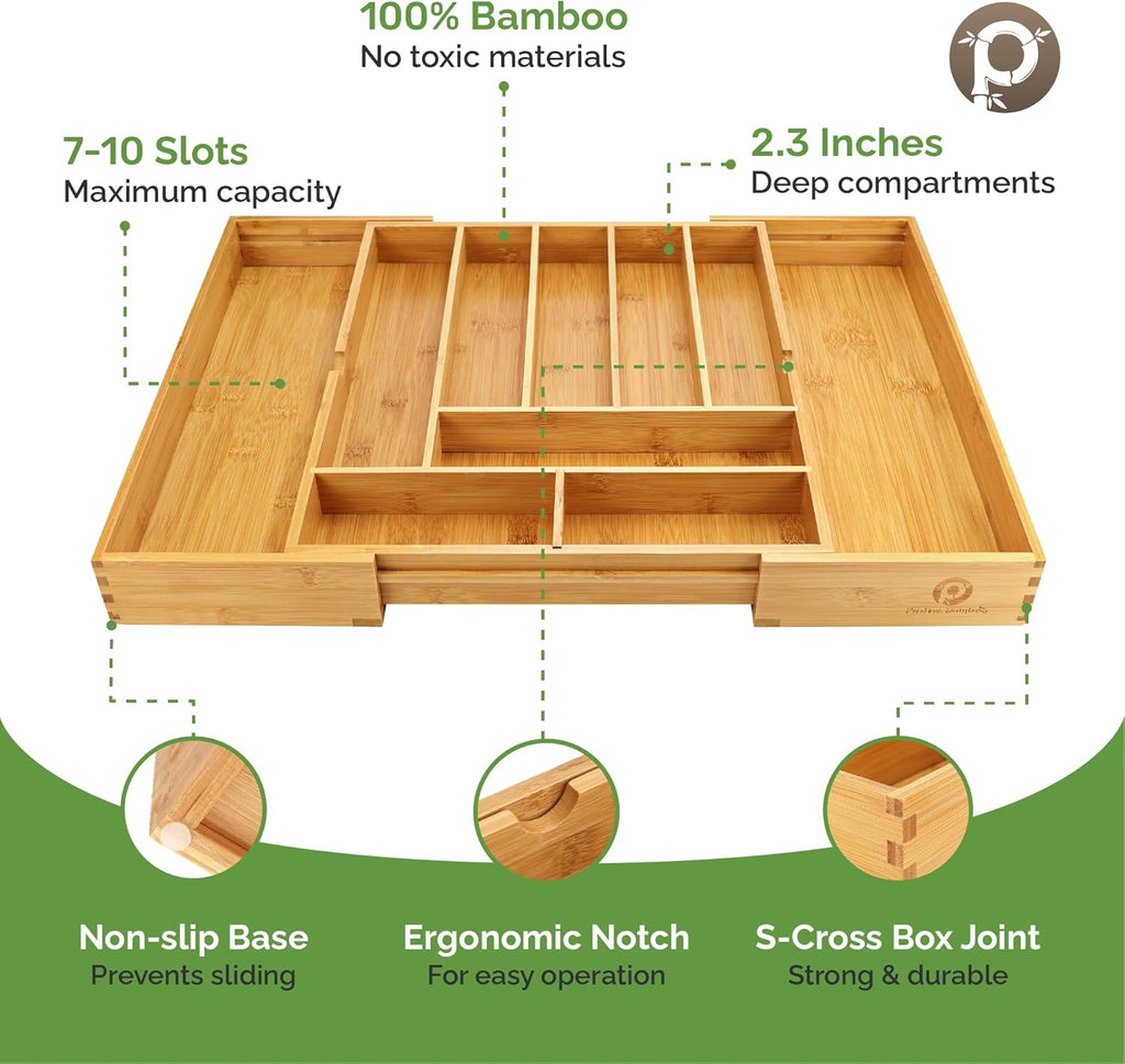 Bamboo Silverware Drawer Organizer – Expandable to 22", 10 Compartments, Adjustable Kitchen Utensil Tray