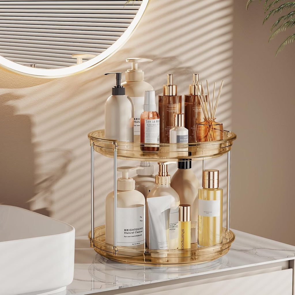 Lazy Susan Turntable Organizer – 2‑Tier Rotating Spice Rack, 9.25'' Compact for Cabinet, Pantry & Countertop, Amber