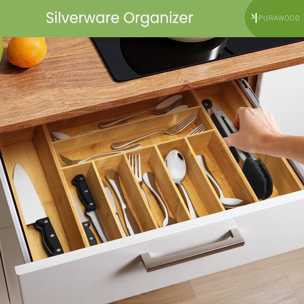 Bamboo Expandable Drawer Organizer – 7‑9 Adjustable Slots, Silverware & Utensil Tray, Natural