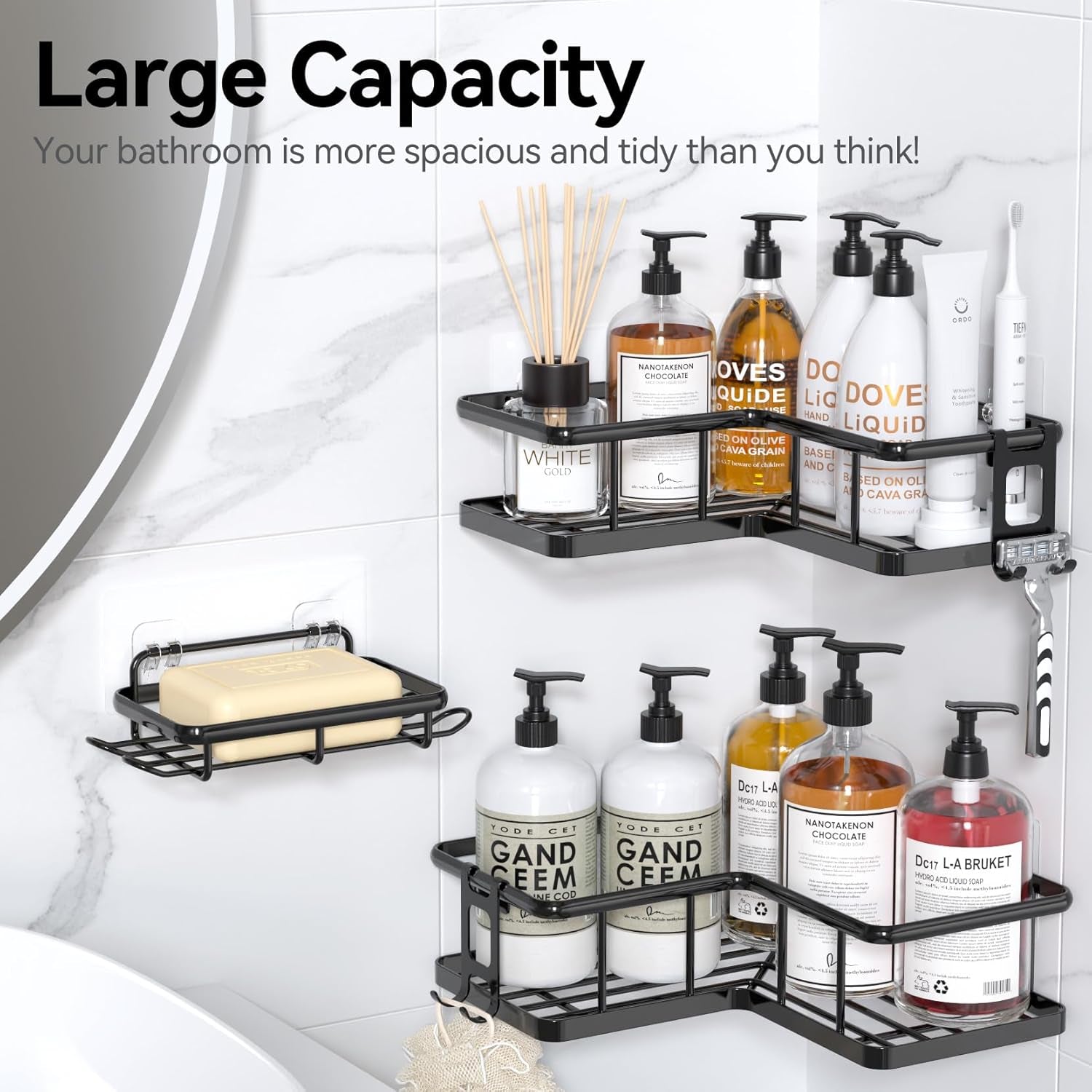 Adhesive Corner Shower Caddy – 3‑Pack Rustproof Shelves with Soap Holder, No‑Drill Wall Mount, 40lb Capacity