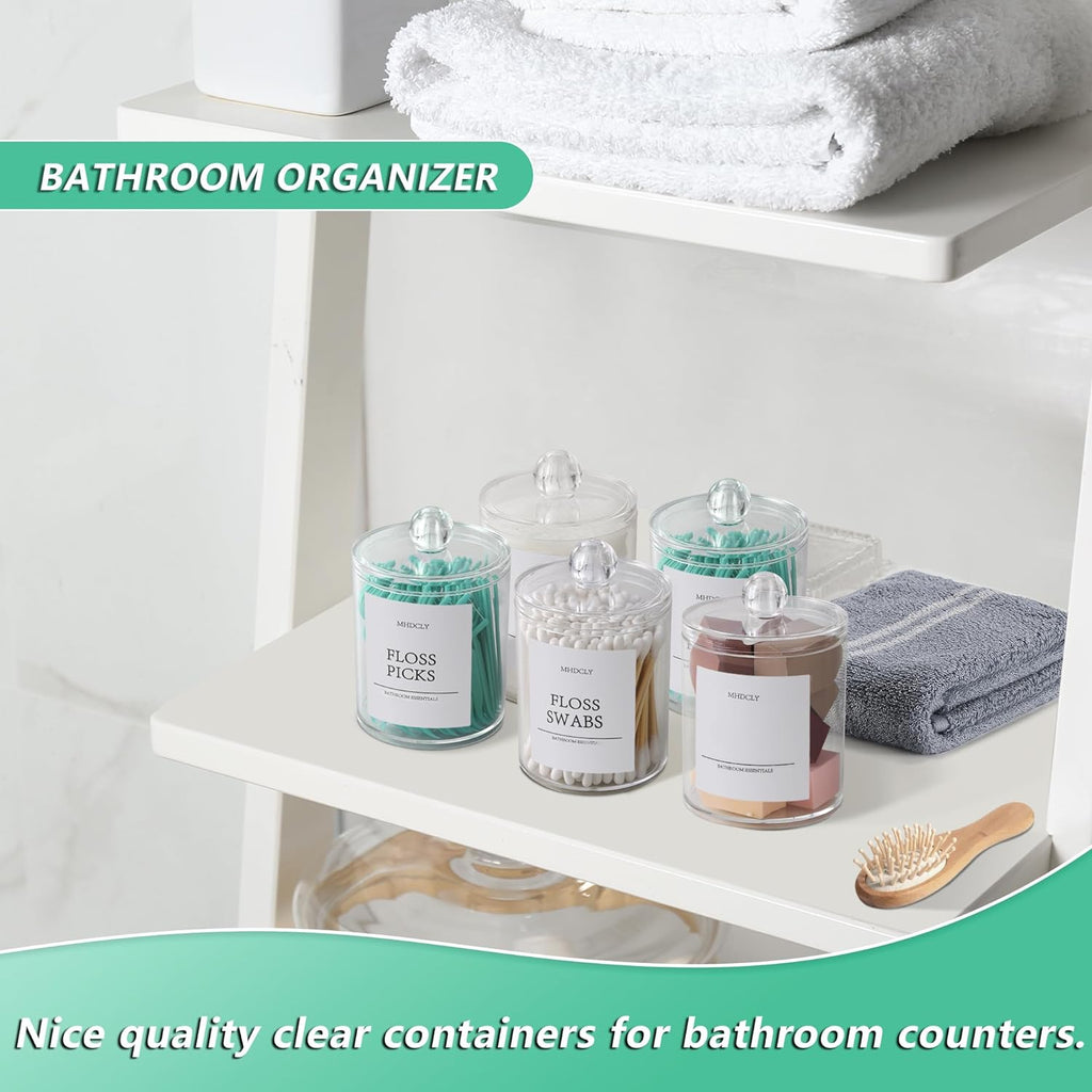 Bathroom Organizer Set – 4 Clear Apothecary Jars with Lids, Q‑tip & Cotton Holder, Acrylic‑Like Plastic for Vanity Countertop