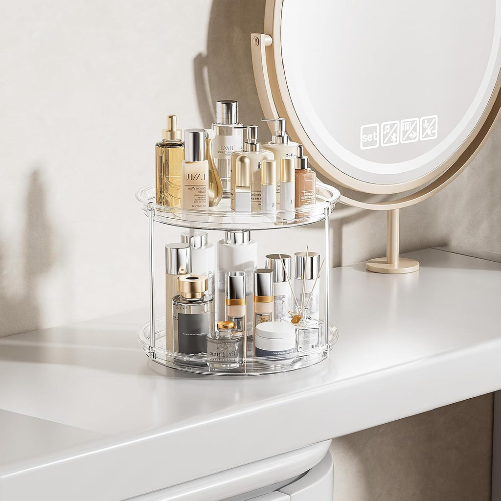 Makeup Organizer 360° Rotating – 2‑Tier Clear Lazy Susan, Skincare & Perfume Storage for Vanity, 9"
