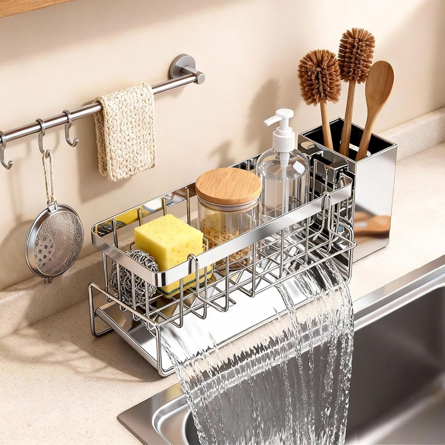 Stainless Steel Sponge Holder for Kitchen Sink – 30° Self‑Draining Caddy with Brush Holder & Removable Dishcloth Rack, Silver