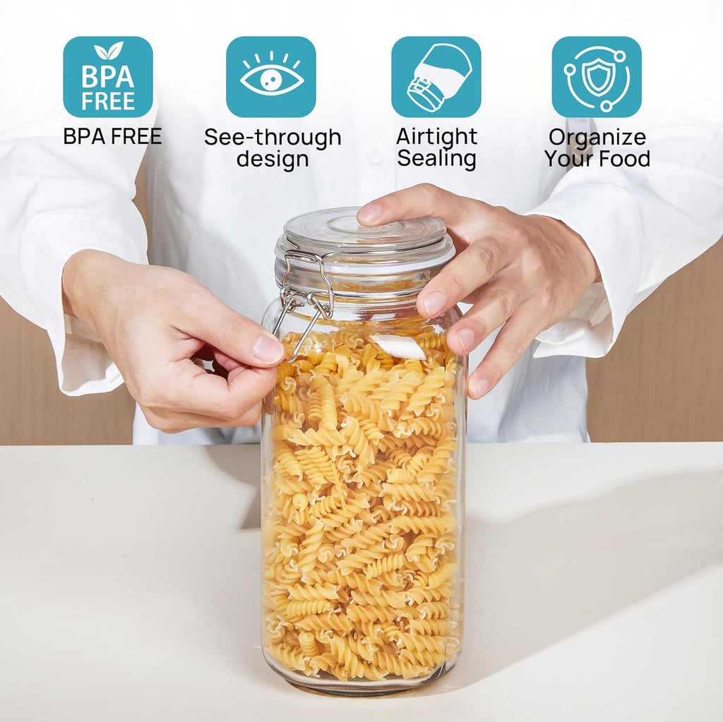 Glass Food Storage Jars with Airtight Clamp Lids – 3‑Pack 78oz Square Canisters for Flour, Sugar, Pasta & Coffee