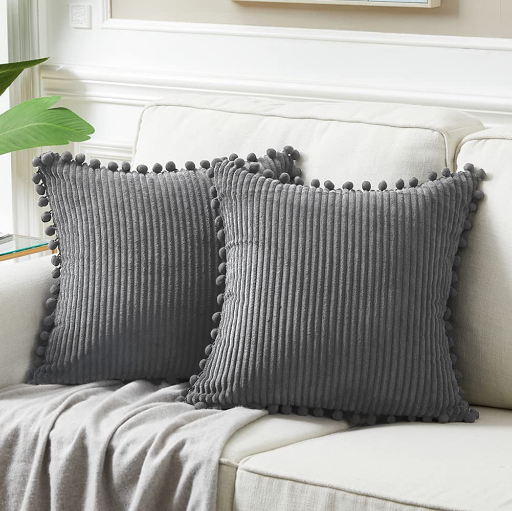 Dark Gray Corduroy Throw Pillow Covers – Set of 2, 18x18 Inch, Boho Farmhouse Decor with Pom Poms, Soft Accent Cushion Cases for Couch Sofa Bed (Covers Only)
