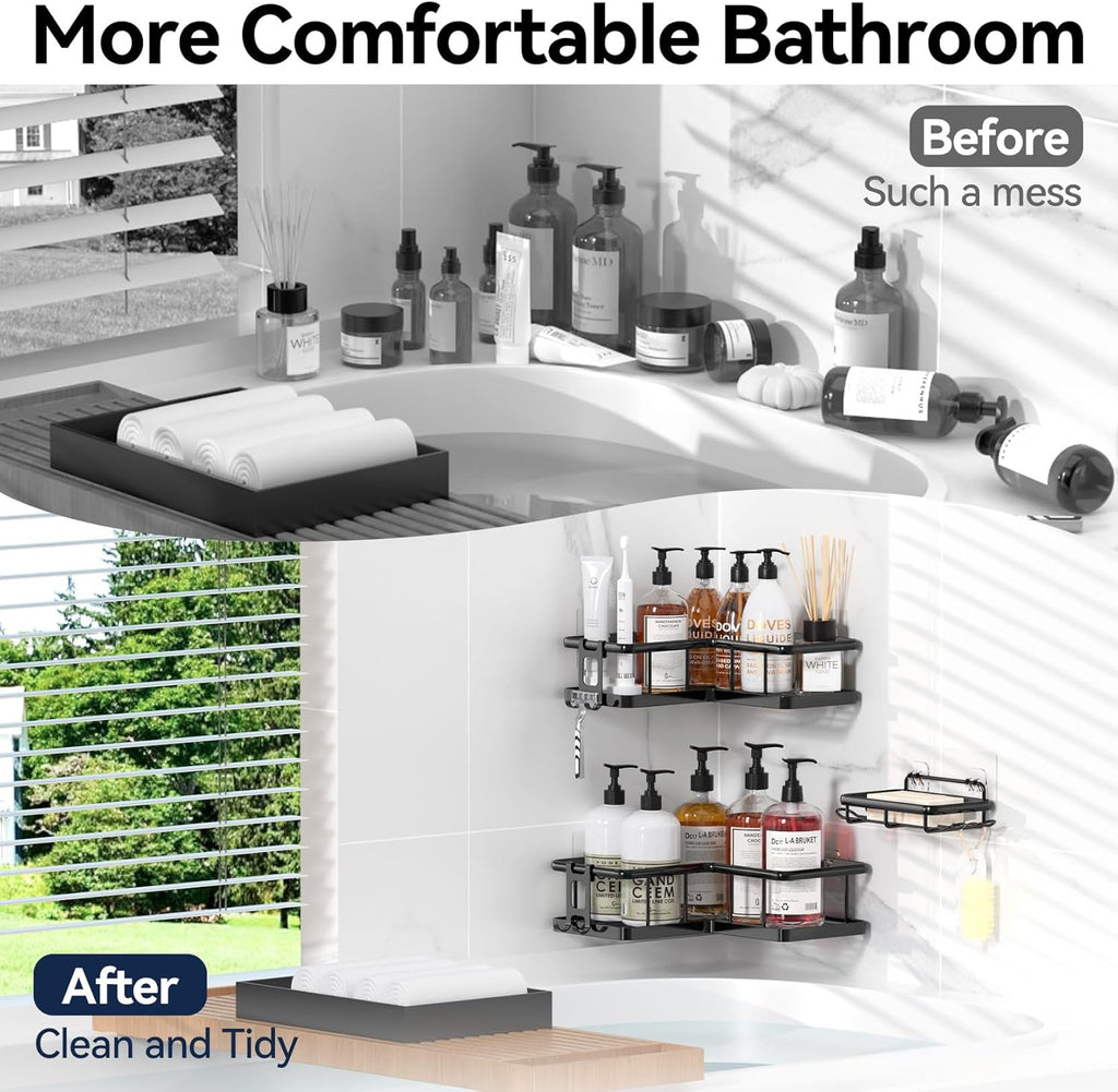 Adhesive Corner Shower Caddy – 3‑Pack Rustproof Shelves with Soap Holder, No‑Drill Wall Mount, 40lb Capacity